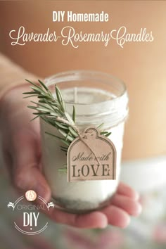 a person holding a small jar with some herbs in it and a tag that says made with love