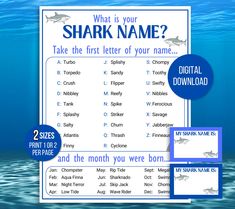 the shark name game is shown in blue and white