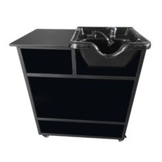 a black cabinet with a sink and faucet