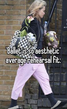 a woman walking down the street with a backpack on her back and text that reads ballet is