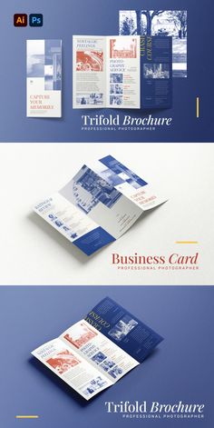 three different types of brochures with blue and white designs on the front, back and