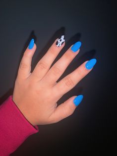 Royal Blue Cow Print Nails, Almond Nails Designs Turquoise, Turquoise Nails Acrylic Almond, Royal Blue Western Nails, Blue Cow Print Nails Acrylic, Blue Nails With Cow Print, Blue Cowprint Nails, Cow Print Nails Blue, Almond Cow Print Nails