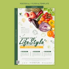 a poster with fruits and vegetables on it for a healthy food product or restaurant menu