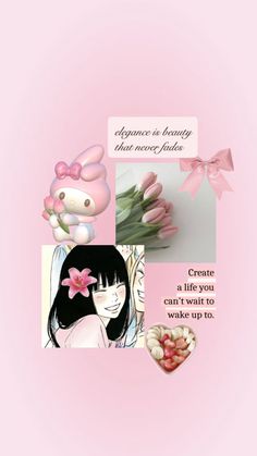 a pink background with pictures of flowers and hearts