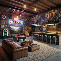 This large man cave boasts brick walls and wooden beams. Enjoy a game on the big TV, shoot pool, or mix a drink at the fully stocked bar. Sports memorabilia, superhero posters, car models, and rock'n'roll tunes from the jukebox set the perfect tone. 

#mancave #homebar #gameroom #pooltable #sportsmemorabilia #superherodecor Small Sports Man Cave Ideas, Game Room In Garage, Garage Sports Cave, Mini Mancave Ideas, Perfect Game Room, Garage Bar With Pool Table, Underground Man Cave, Finished Garage Ideas Man Cave, 2 Car Garage Man Cave Ideas