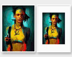 two paintings of women in yellow tops and black pants, one with dreadlocks on her head