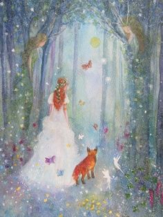 a painting of a woman in a white dress and two foxes walking through the woods