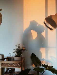 the shadow of a person's head on a wall next to a potted plant