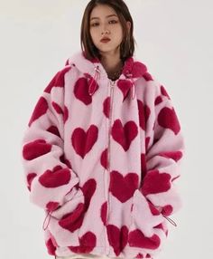 Valentine’s Day Heart Print Pink Sherpa Hoodie For Women Mcu Dr, Jackets Vintage, Pink Heart Pattern, Heart Plush, Fluffy Jacket, Vibe Check, Sweetie Pie, Baymax, Cotton Coat