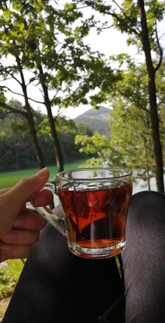 a person holding a cup of tea in their hand