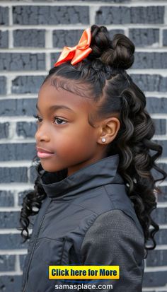 This stylish hairstyle features a high ponytail with tight, defined curls, accented with a bold orange bow. The curls are voluminous and neatly arranged, providing a striking and fashionable appearance. The orange bow adds a vibrant pop of color, making this hairstyle ideal for both casual and formal events. Kids Straight Hairstyles Black, Hairstyles For Young Black Girls Kids, 4c Kids Hairstyles, Hair Styles For Little Black Girls Easy, Hairstyles For Black Girls Kids Natural, Young Black Girls Hairstyles, Hairstyles For Girls Kids Black, Easy Hairstyles For Little Black Girls Kids, Braided Styles With Beads