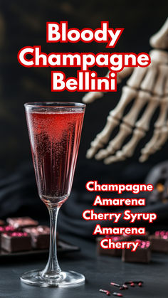 Bloody Champagne Bellini Gothic Cocktails, Halloween Beverages, Amarena Cherries, Fun Halloween Drinks, Cocktail Cards, Unique Cocktail Recipes, Bellini Cocktail