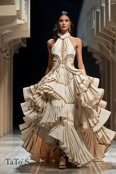 The model's dress has a halter neck design and intricate, symmetrical beaded embellishments that resemble a pair of wings or eyes at the chest area. The bodice is fitted, leading down to a dramatic, tiered ruffle skirt that cascades to the floor with varying lengths of fabric, creating a dynamic and voluminous silhouette. The color palette is neutral, consisting of beige. The dress’s texture and structure suggest a couture fashion piece emphasizing movement and detail.  #art #artwork #digital #digitalart #myart #myartwork #canva#canvas #creative #creativity #couture #feathers #gala #gayartist #Spain ##fashion #style #Stylish #photo #happy #modeling #elegant #cream #traditional #designer #polkadots Spain Fashion, Stylish Photo, Vogue Spain, Couture Embroidery, Beige Dress, Tiered Ruffle Skirt, Beige Dresses, Detail Art, Dress Sewing Patterns