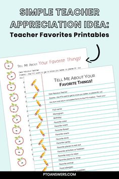 teacher appreciation printables with the text, simple teacher appreciation idea teachers favorite things tell me about your favorite things