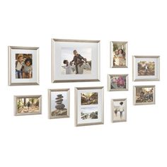 a group of pictures hanging on the side of a wall next to each other with people in them