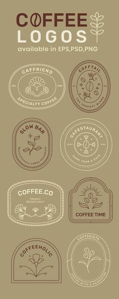 coffee badges and labels for various types of beverages, including teas, coffee cups, and more