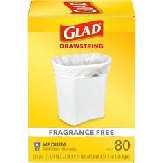 glad drawstring trash bags, medium, 80 ctr / box - white