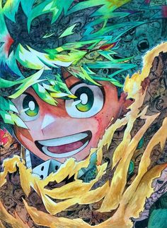 a drawing of a boy with green hair and yellow leaves on his head, looking up at the sky