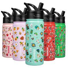 thermos water bottles are lined up in a row with different designs on them