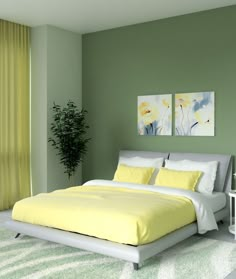 a bedroom with blue walls and yellow bedding in the corner, two paintings on the wall