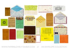 an envelope collection with many different designs and colors