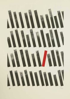 a black and white painting with red lines on it's side, in the middle of an abstract pattern