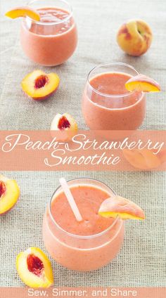 peach and strawberry smoothie in glasses with strawberries