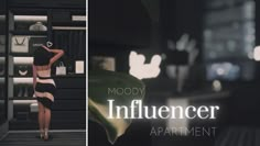 a woman in a black and white dress standing next to a green plant with the words moody influencer apartment on it