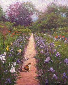 a painting of a dog sitting in the middle of a flower garden with purple and white flowers