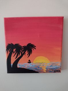 an acrylic painting of a sunset with palm trees in the foreground and a sailboat on the horizon