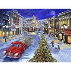 a painting of a christmas tree in the middle of a snowy town with a red truck