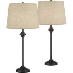 two lamps are shown side by side, one has a beige linen shade on it