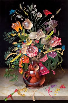 a painting of flowers in a vase on a table