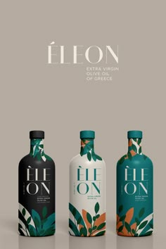 three bottles with different designs on them and the words eleon written in white letters