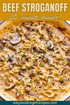 a skillet filled with beef stroganoni and pasta in a creamy sauce