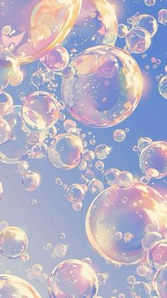 soap bubbles floating in the air on a blue sky with white and yellow circles around them