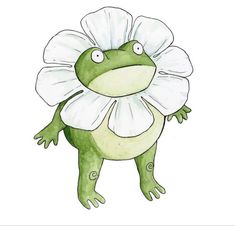 a drawing of a frog with a flower on its back's head and eyes