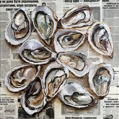 Oyster Painting, Seafood Art, Avocado Painting, Sea Artwork, Art Deco Paintings, Newspaper Art, Art Deco Art, Food Painting, Fish Painting