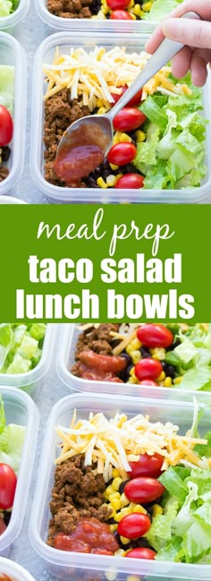 this meal preps taco salad lunch bowls are packed with meat, cheese, tomatoes and lettuce