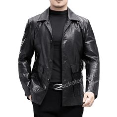 This stylish black leather jacket is the perfect choice for those who want to channel their inner Rocky Balboa. Made from high-quality leather, it features a sleek design that exudes confidence and attitude. The jacket is adorned with a classic collar and is complemented by the addition of sunglasses, adding a touch of mystery to the overall look. Whether you're hitting the streets or attending a social gathering, this Rocky Balboa-inspired leather jacket is sure to make a statement and elevate Trendy Black Leather Biker Jacket, Black Leather Jacket For Business In Fall, Black Leather Jacket With Lapel Collar For Business, Elegant Black Leather Outerwear, Sleek Black Leather Blazer, Trendy Fitted Leather Jacket With Lapel Collar, Modern Single-breasted Leather Jacket, Elegant Black Single-breasted Leather Jacket, Winter Black Leather Blazer