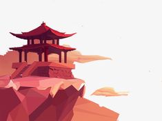 a stylized illustration of a pagoda on top of a mountain