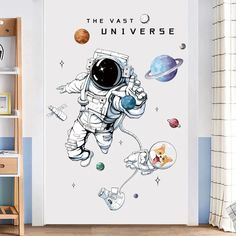 an astronaut is flying through the space with his hand in his pocket and planets around him