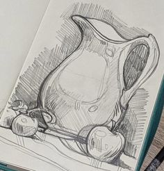 a drawing of a pitcher and two cherries on a table next to a pen