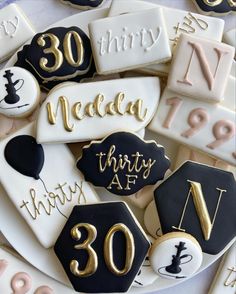 Black, gold and white sugar cookies decorated with royal icing. Happy 30th birthday wishes. Monograms Black And Gold Themed 30th Birthday Party, Black White And Gold 21st Birthday, Black And Silver Birthday Cookies, Black And Gold Cookies Decorated, Black And White Birthday Cookies, Thirty Birthday Cookies, Black Birthday Cookies, 30 Years Birthday Cake, 30th Birthday Cookies For Woman