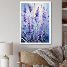 a living room scene with focus on the lavender flowers