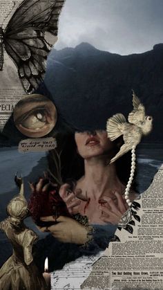 a collage of images with an eye and a woman holding a bird in her hand