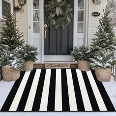 PRICES MAY VARY. CLASSIC PATTERN DESIGN: Black and white stripes are always timeless. TIMO door mat look incredible in a front porch or entryway thanks to the dramatic contrast between the two starkly different colors. Black and white stripes is a classic pick for fall and beyond. While the high-contrast checks complement orange pumpkins and autumnal farmhouse decor, they can also transition easily into rustic Christmas decorations. Perfect for front door decorations NON-SLIP TPR BACKING: This i Back Porch Patio Furniture, Black Front Porch Decor, Spring Farmhouse Porch Decor, Black And White Patio Decor, Pattern Design Black And White, Black And White Outdoor Rug, Layered Doormat, Striped Outdoor Rug, Classic Pattern Design