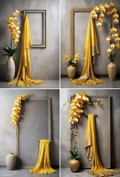 four pictures of yellow flowers in vases on the floor and an arrangement of orchids draped over them