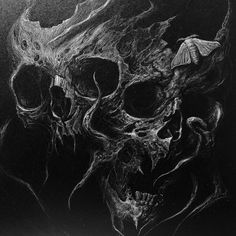 a black and white drawing of a skull with horns on it's head, surrounded by other skulls