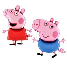 two inflatable peppa pig toys are standing next to each other on a white background